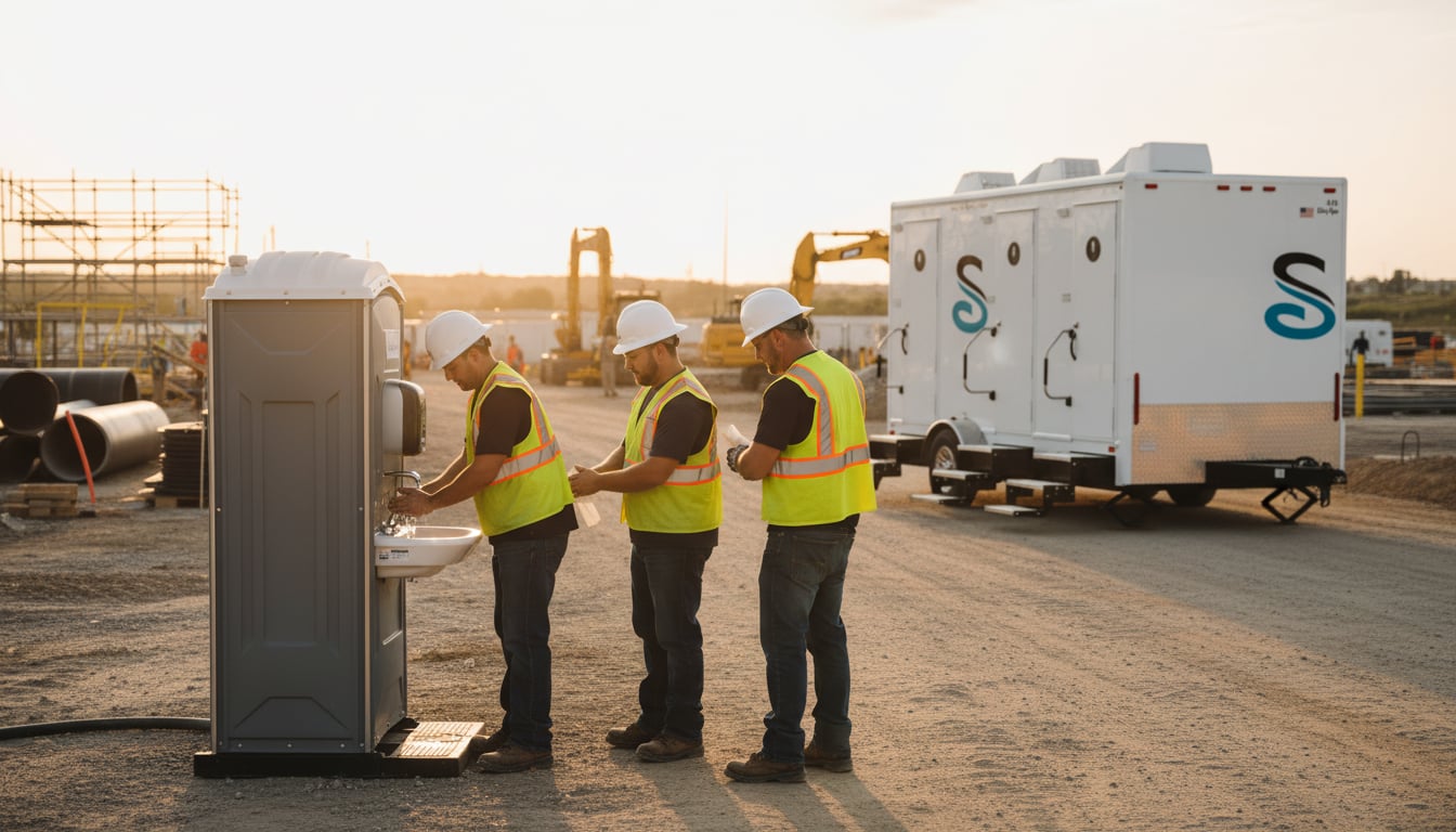 Workers using a portable hand washing station on a construction site with restroom facilities visible in the background