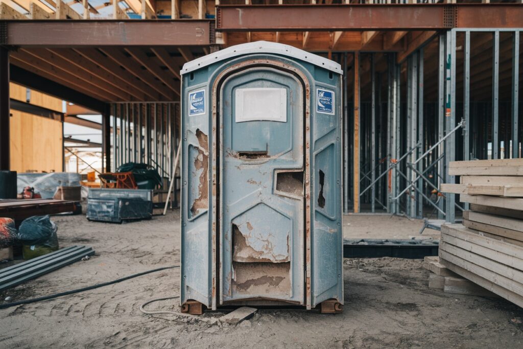 a weathered, cheap portable toilet stands on a construction site with visible rust and faded paint, surrounded by building materials and partially constructed structures. hidden costs can arise unexpectedly in such environments, emphasizing the need for diligent planning.