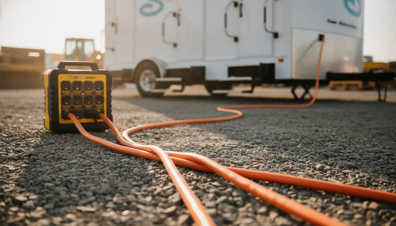 Standard 20A cords running from temporary power to a restroom trailer