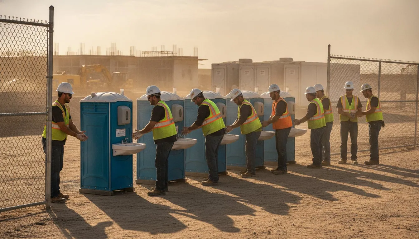 Hand-wash stations at a jobsite gate during shift change