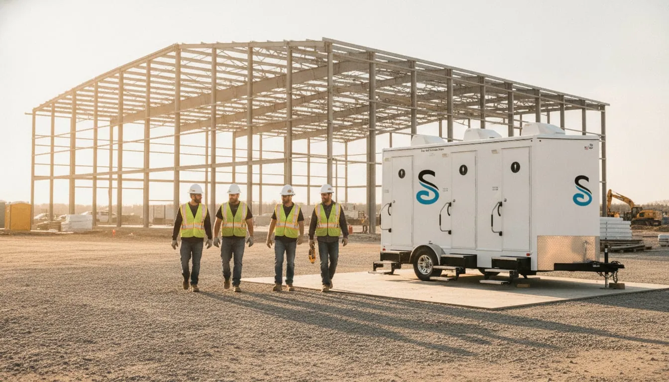 Construction crew walking past a restroom trailer on a gravel pad