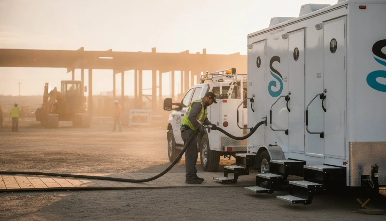 Technician performing a pump-out on a jobsite restroom trailer
