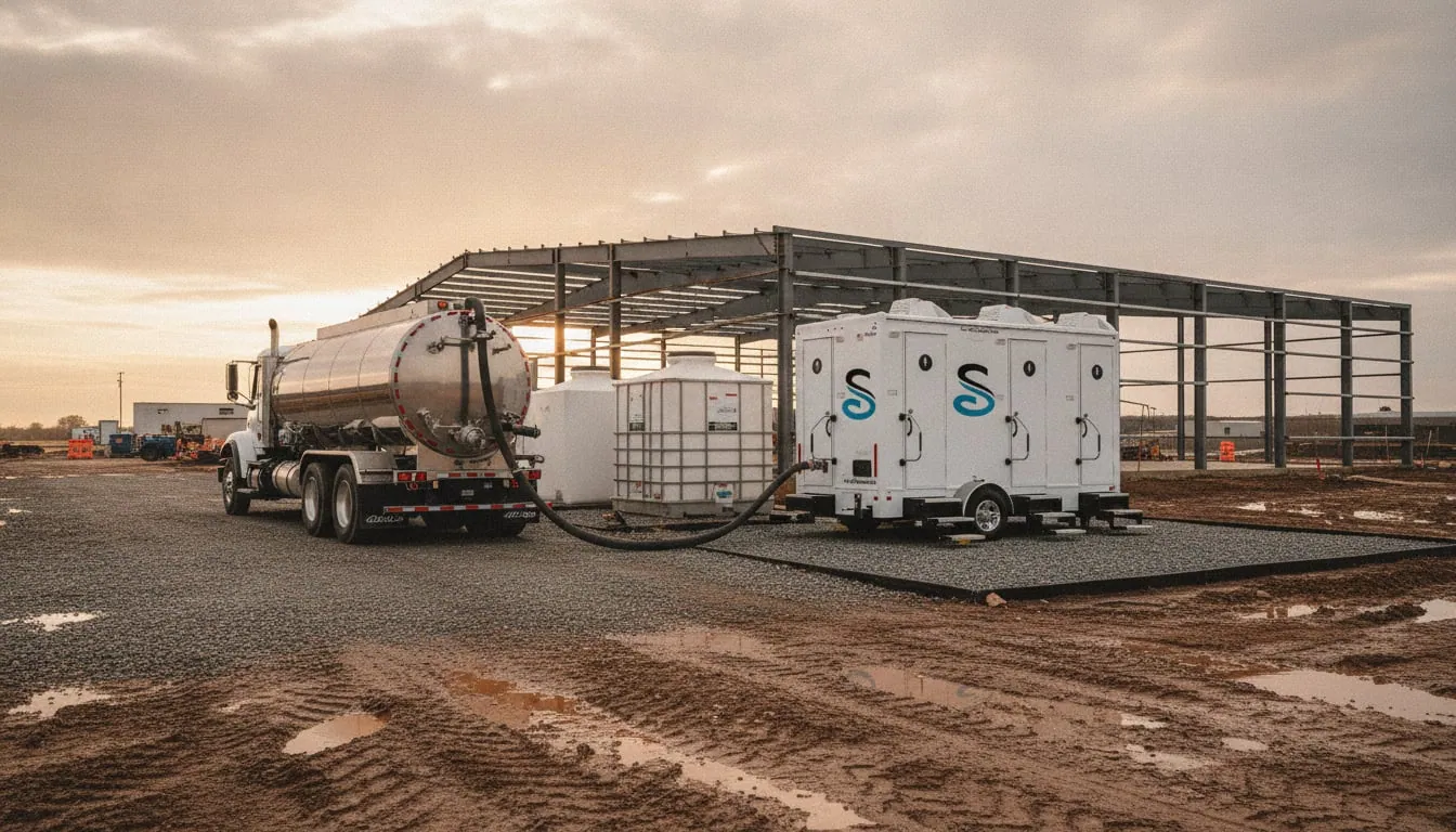 Vacuum truck servicing a waste holding tank beside a restroom trailer