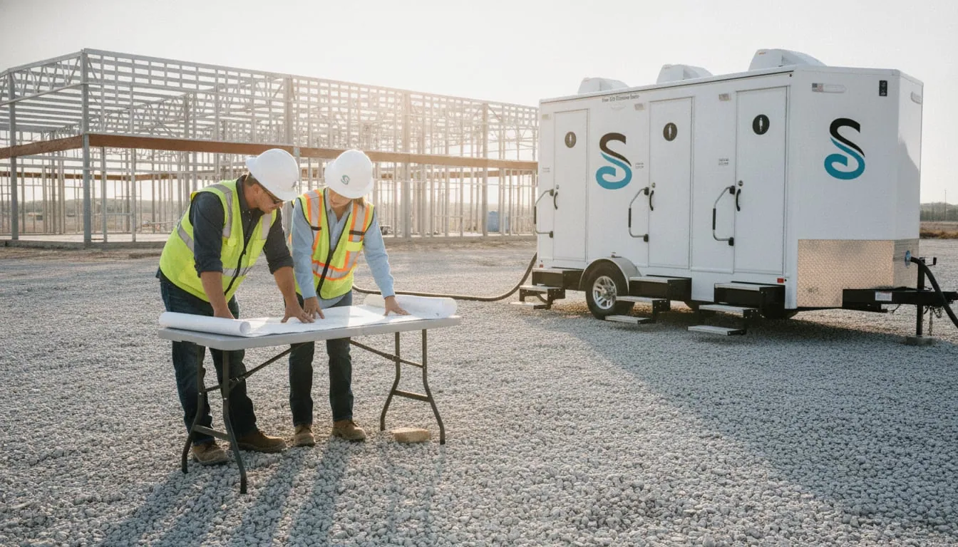 Individual-door restroom trailer with stairs on a leveled gravel pad at a steel-frame jobsite