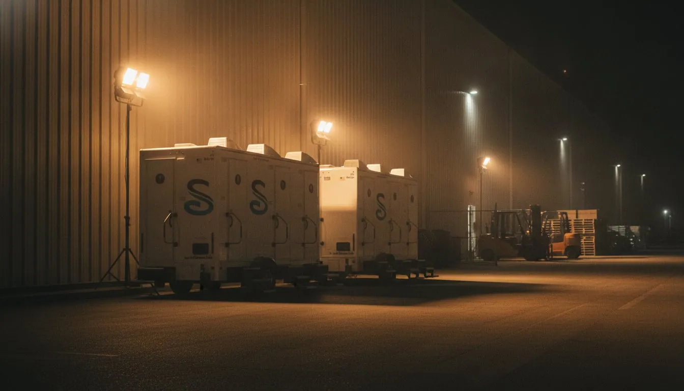 Compact restroom trailers set tight to a warehouse wall at night