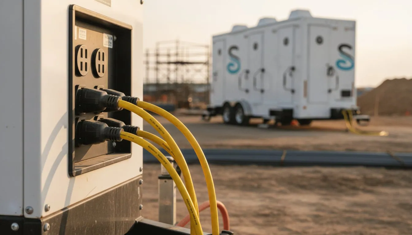 20A power cords plugged into a generator panel with a restroom trailer behind