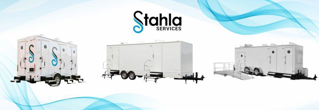 three stahla services restroom trailers in different sizes, including large capacity models suitable for festivals, displayed against a blue abstract background with company logo.