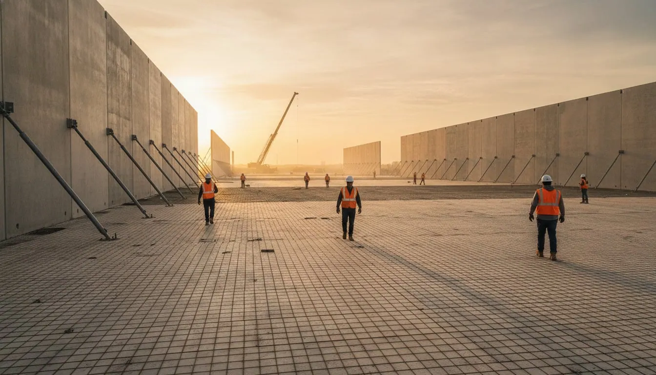 Tilt-up wall panels braced on a distribution center slab during enclosure
