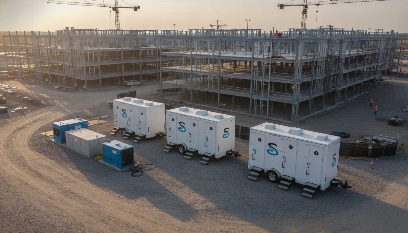 Restroom trailers with water box, waste box and generator on a data center construction campus