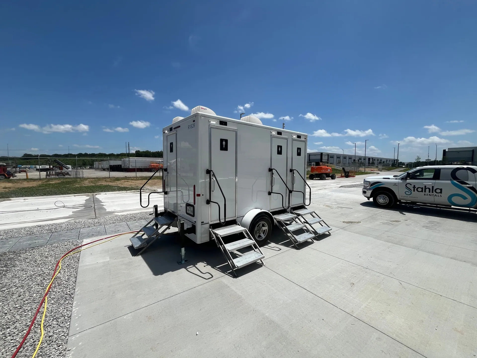 Restroom trailer — on site for a Stahla job