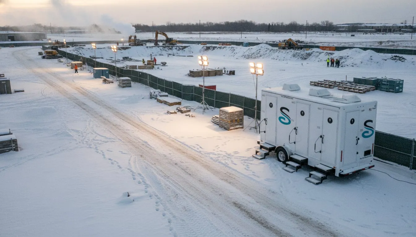 Winter construction site with plowed lanes, light towers and restroom trailers positioned near work faces