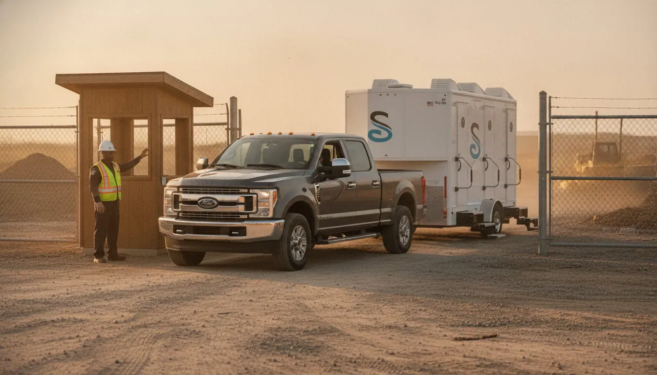Restroom trailer arriving at a secured construction site gate