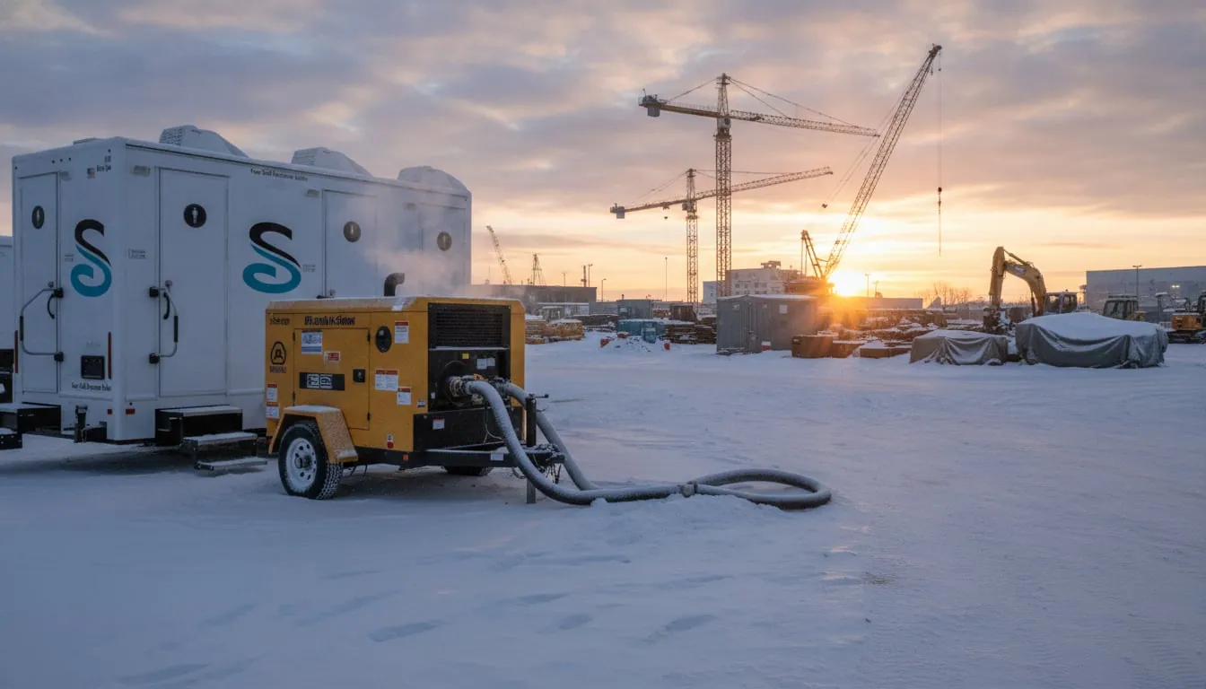 Generator running beside a restroom trailer on a snow-covered construction site