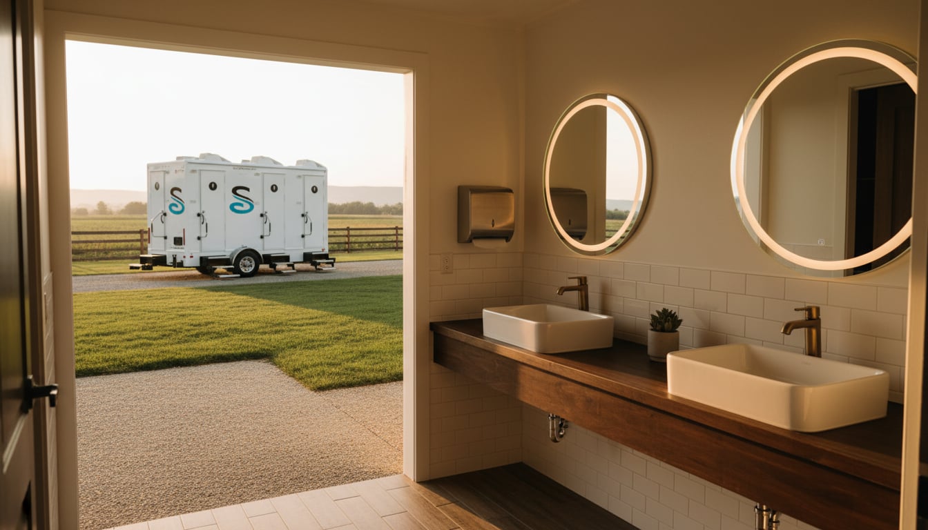 Interior view of a clean luxury restroom trailer showing vanity mirrors and modern fixtures