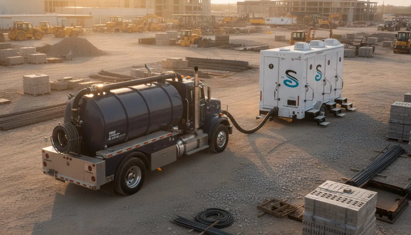 Pump truck beside a restroom trailer in a filled laydown yard