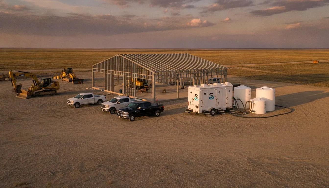 Remote construction site with a trailer and bulk water tanks