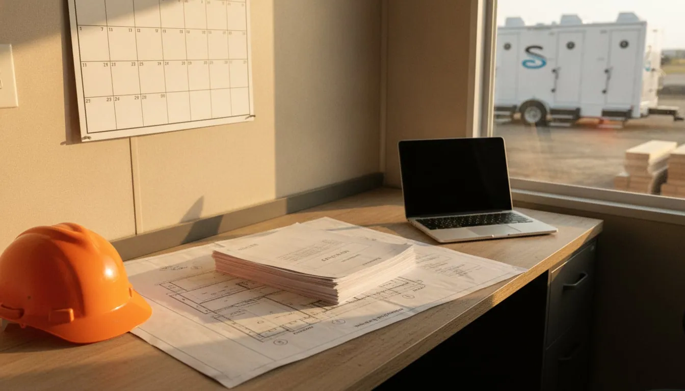 Jobsite office desk with site plans and a wall calendar, restroom trailer outside the window