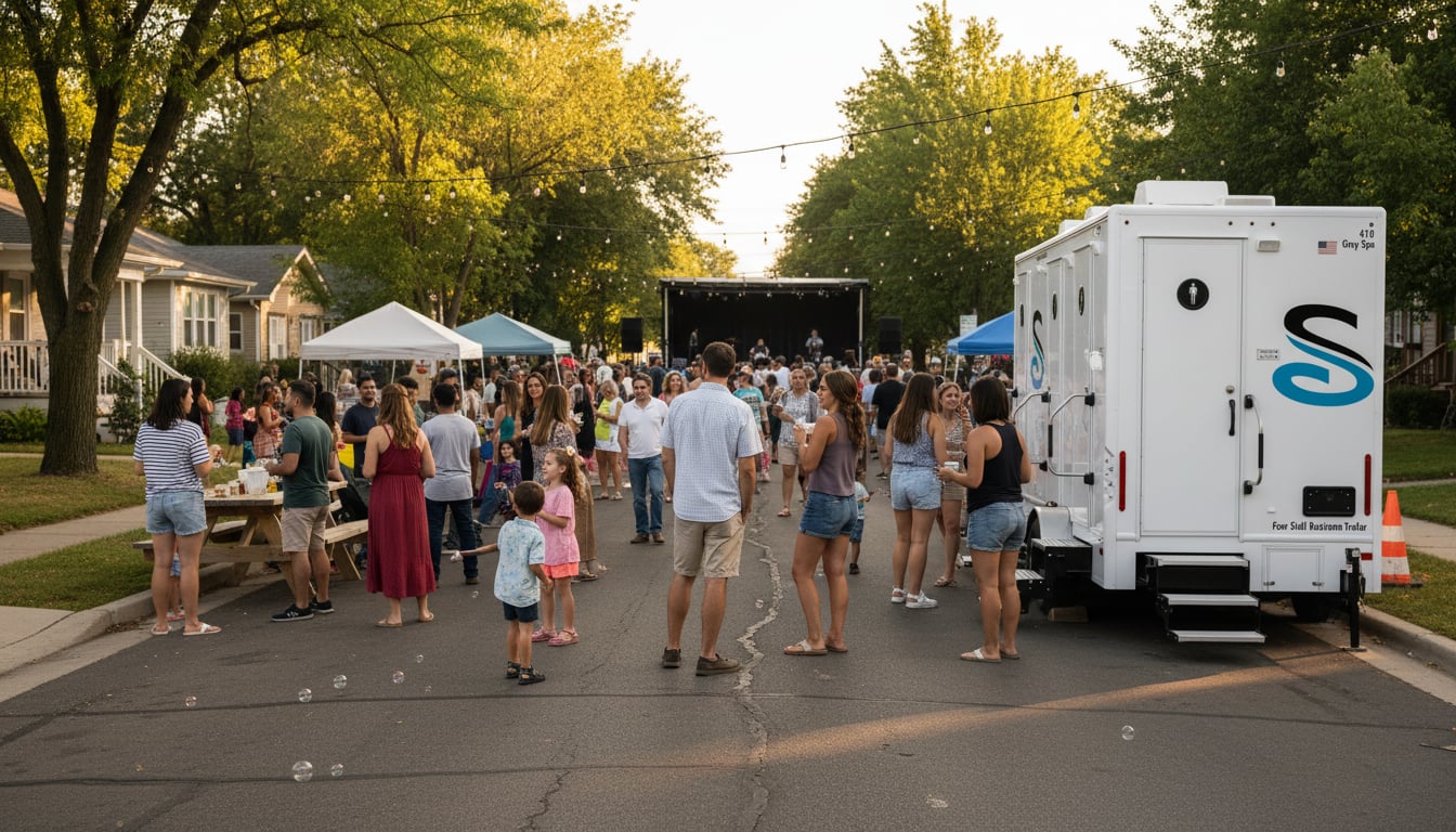 A lively neighborhood block party on a closed residential street with a restroom trailer parked neatly at the end of the block