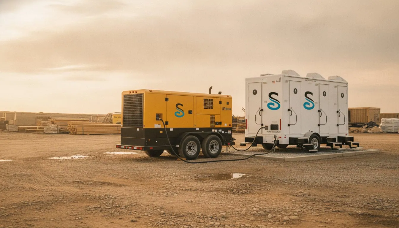 Towable diesel generator powering a restroom trailer in a laydown yard