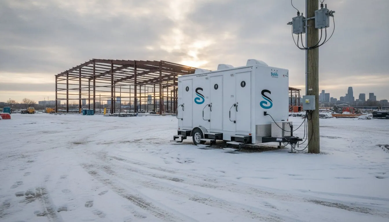 Restroom trailer on temporary power at a snow-covered commercial construction site