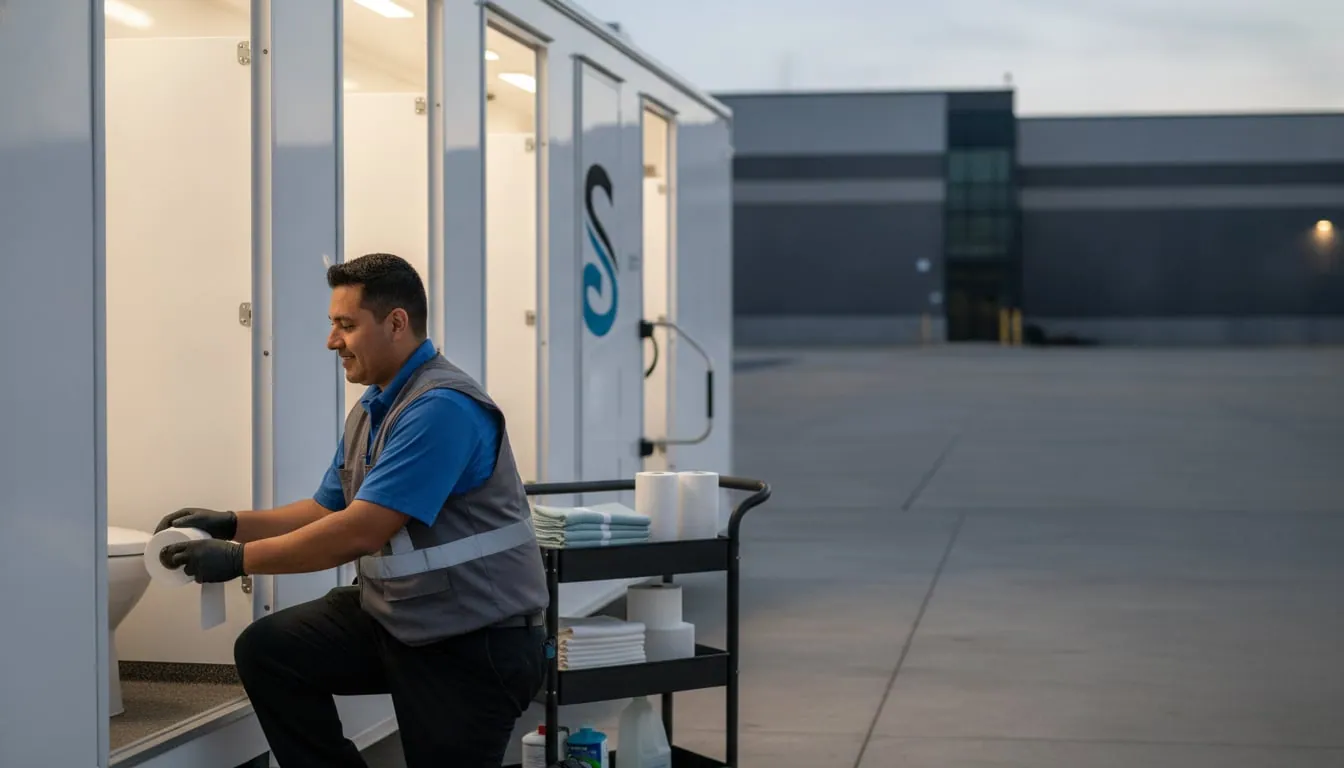 Technician restocking a jobsite restroom trailer overnight