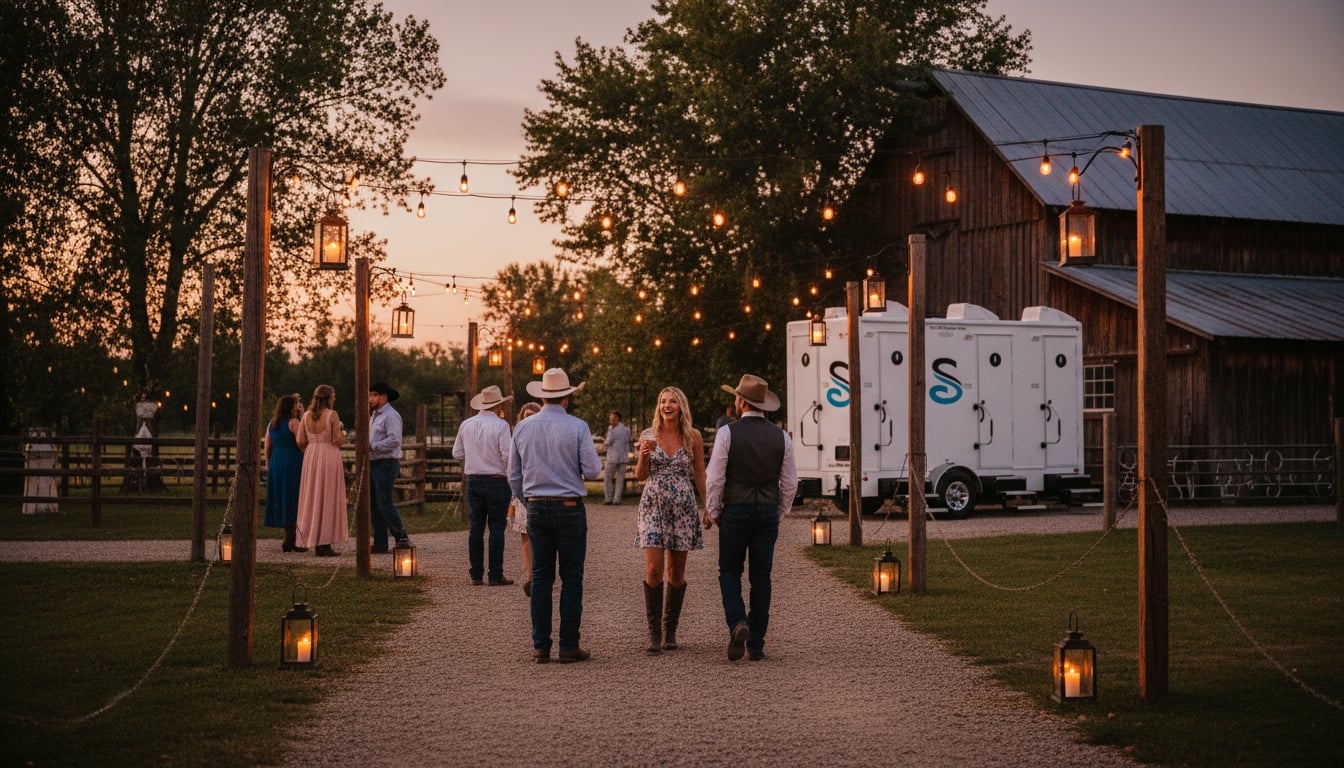 Ranch event at dusk with guests walking along a lantern-lit gravel path toward restroom facilities near a barn