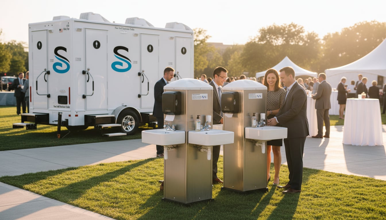 Professional portable restroom trailer from Stahla Services with adjacent hand washing stations at an outdoor corporate event