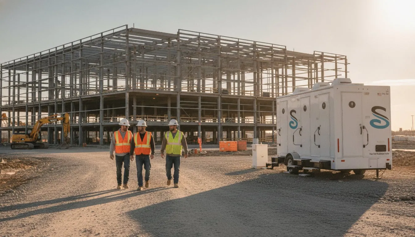 Crew walking a gravel path past a restroom trailer near a steel frame building