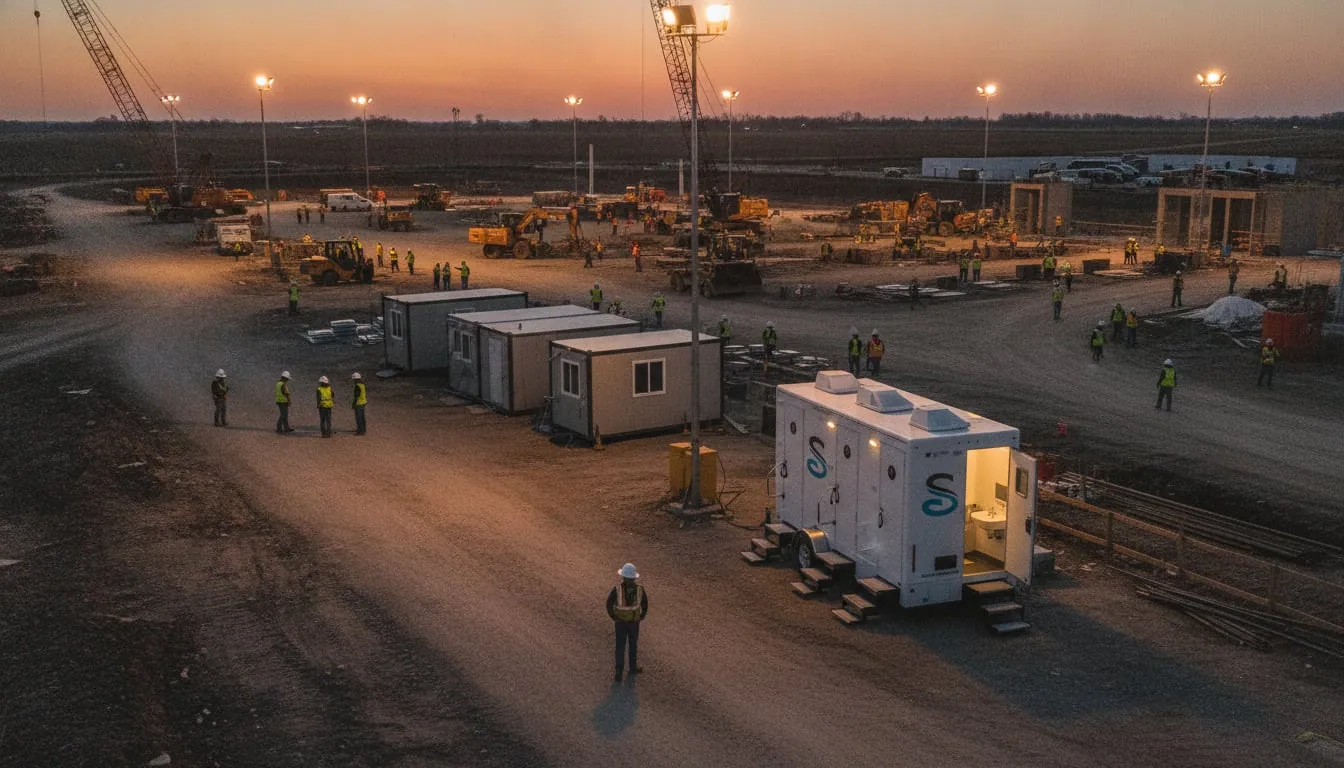 Second shift working under tower lights on a large construction site