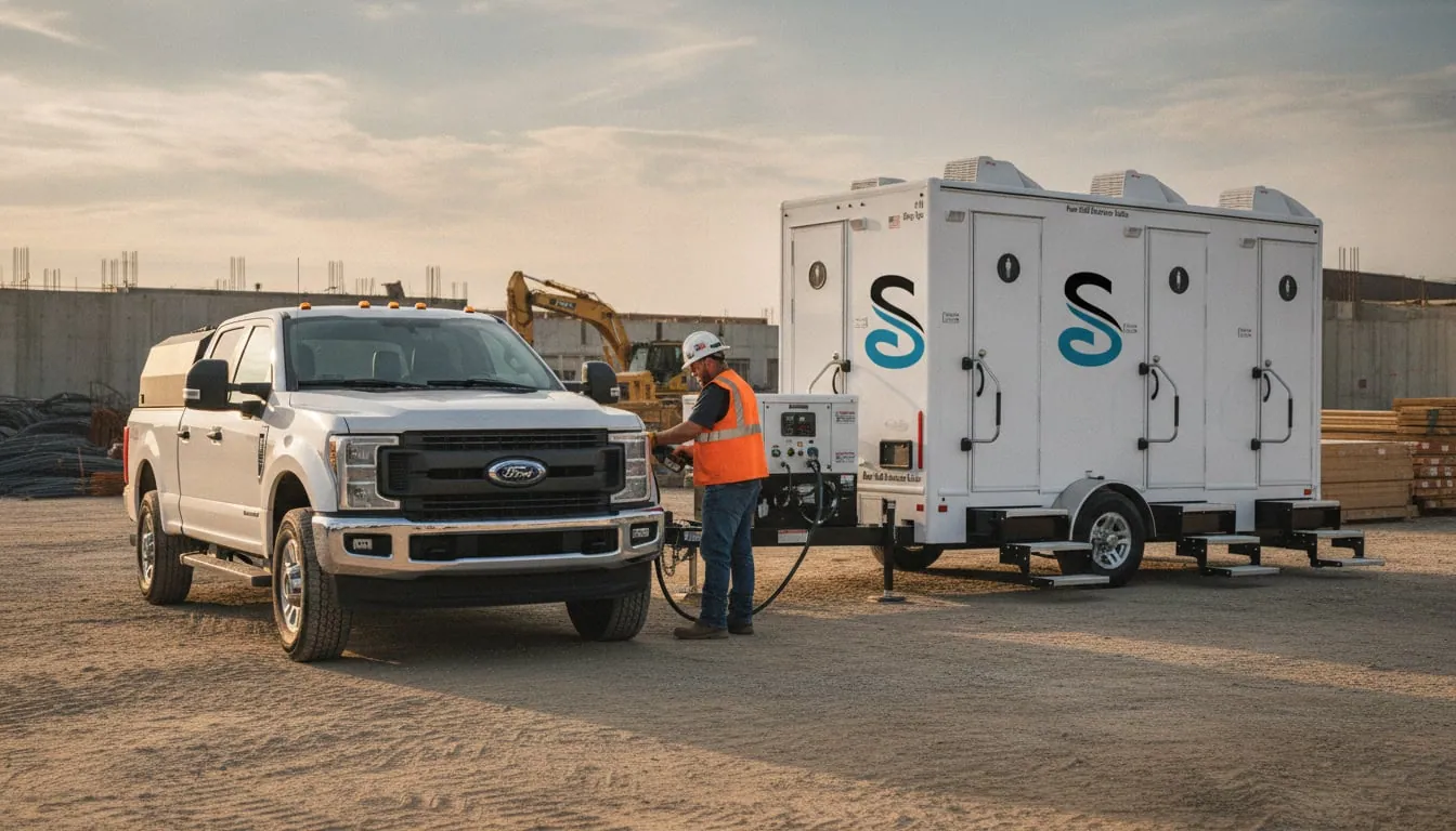 Service technician at a restroom trailer power panel beside a pickup on a jobsite