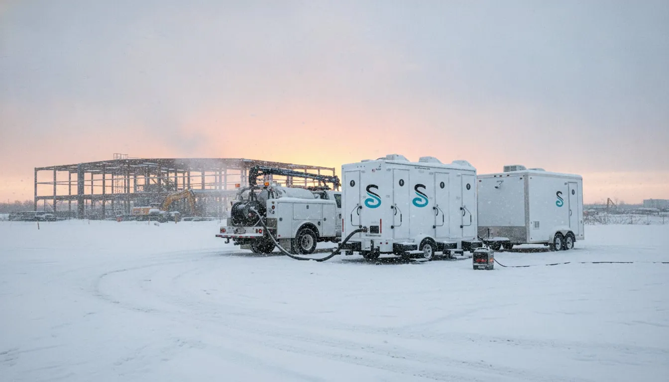 Service truck with pump hoses parked beside jobsite facilities on a frozen gravel pad in heavy snow