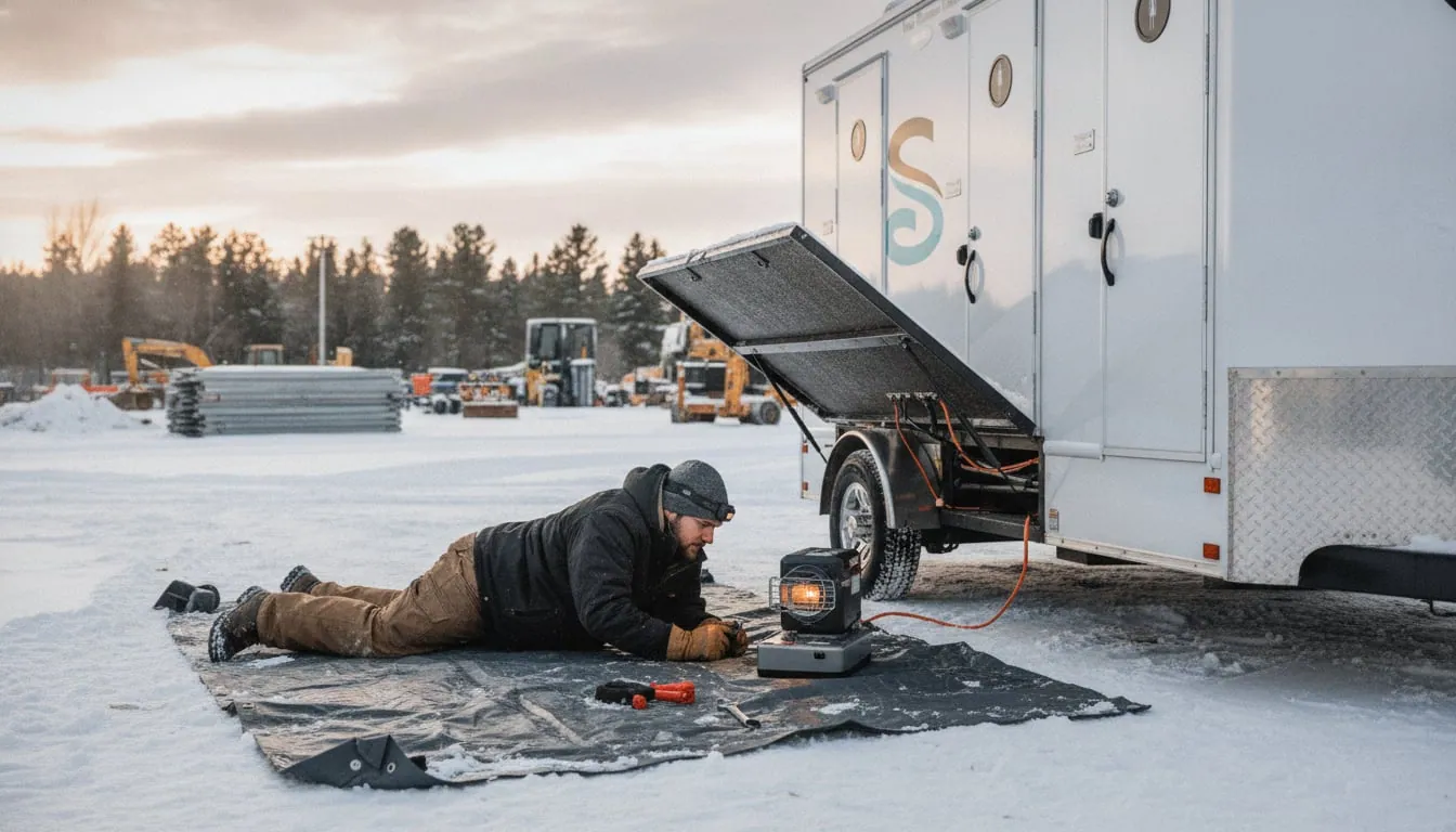 Service technician in winter gear inspecting heat-traced underbelly plumbing on a jobsite restroom trailer in snow