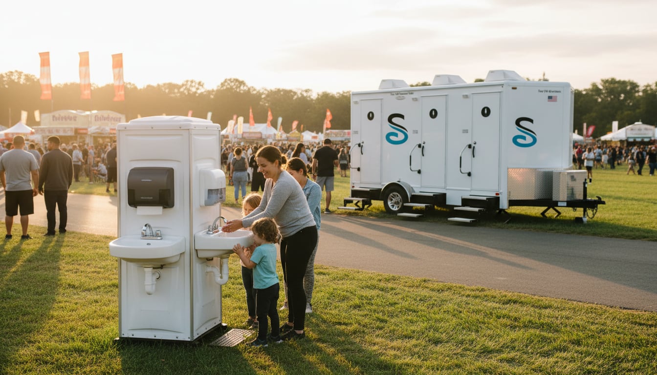 Portable hand washing station set up outdoors near restroom facilities at an outdoor event venue