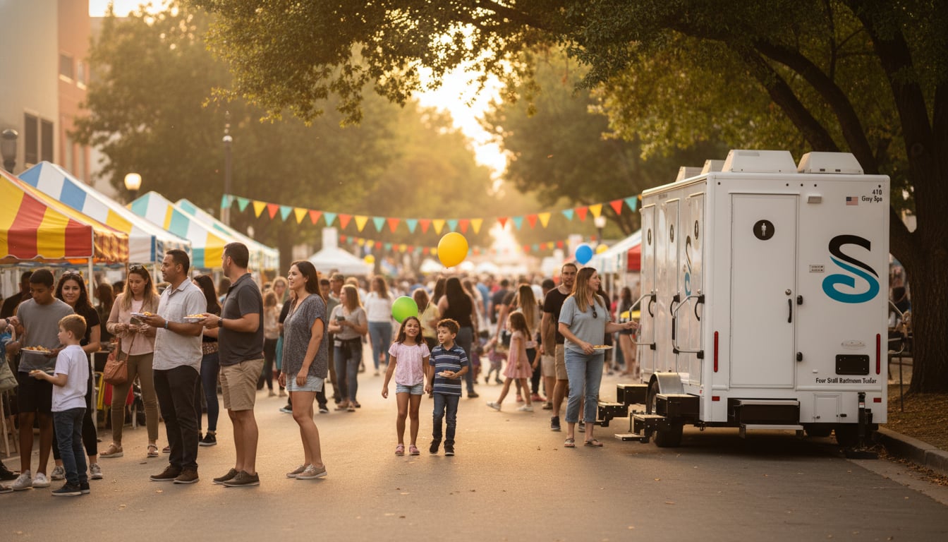 Families enjoying a sunny street festival with food vendor tents and a restroom trailer facility visible along the curb