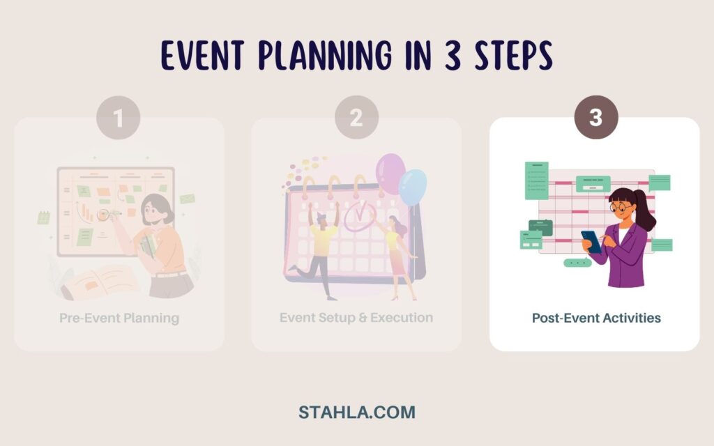 a visual guide titled "event planning in 3 steps" showing pre event planning, event setup & execution, and post event activities, with corresponding illustrations. includes a handy event planning checklist available for pdf download.