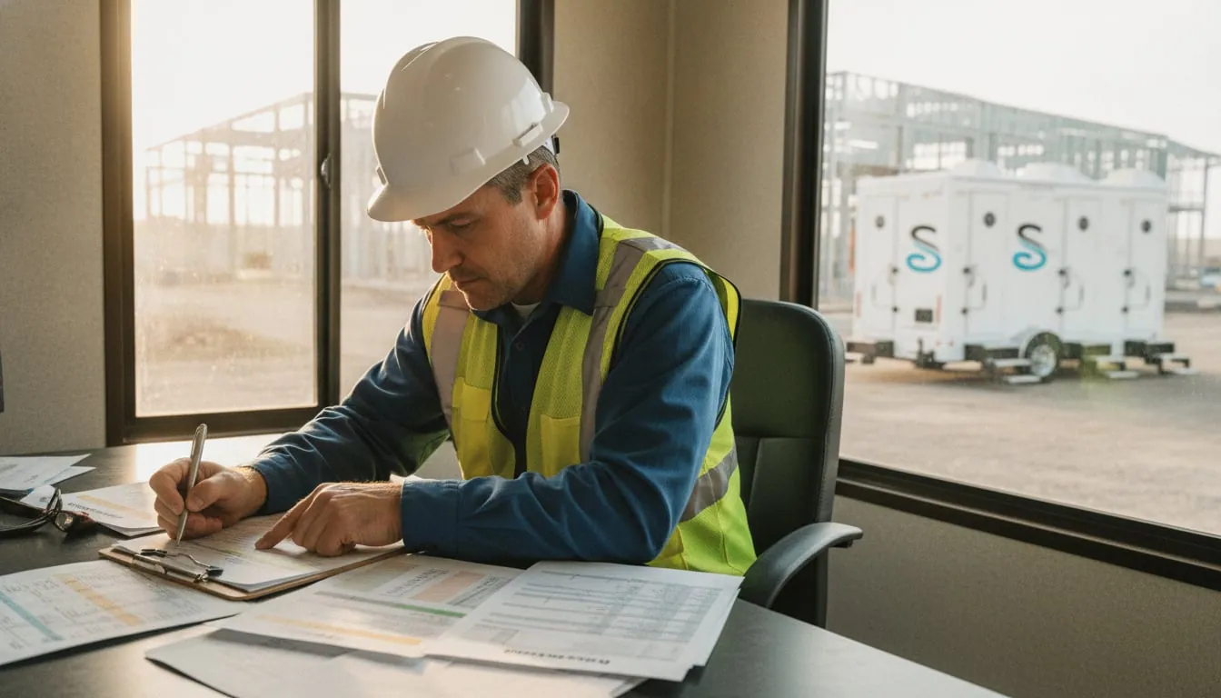 Project manager reviewing a restroom trailer quote in a jobsite office trailer
