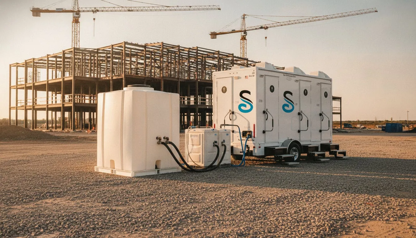 Water and waste support tanks connected to a restroom trailer on a jobsite
