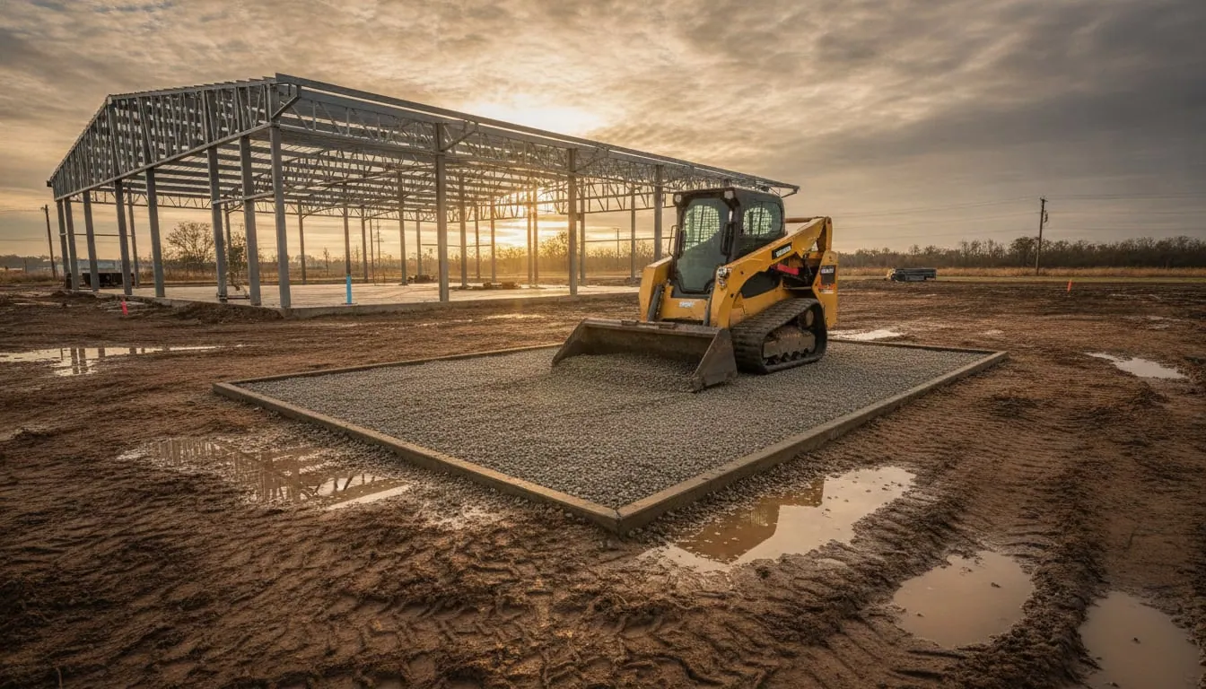 Compact loader spreading a gravel pad on a muddy construction site