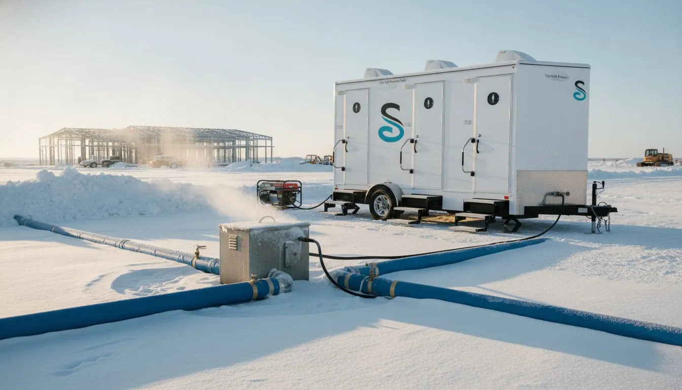 Heated restroom trailer with insulated supply lines on a snowy site