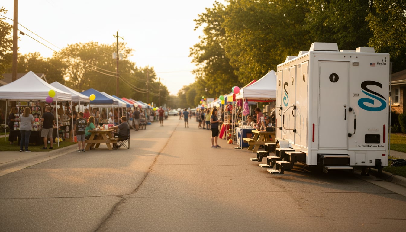 A restroom trailer positioned at the end of a blocked-off street near a neighborhood street festival with vendor tents visible in the background