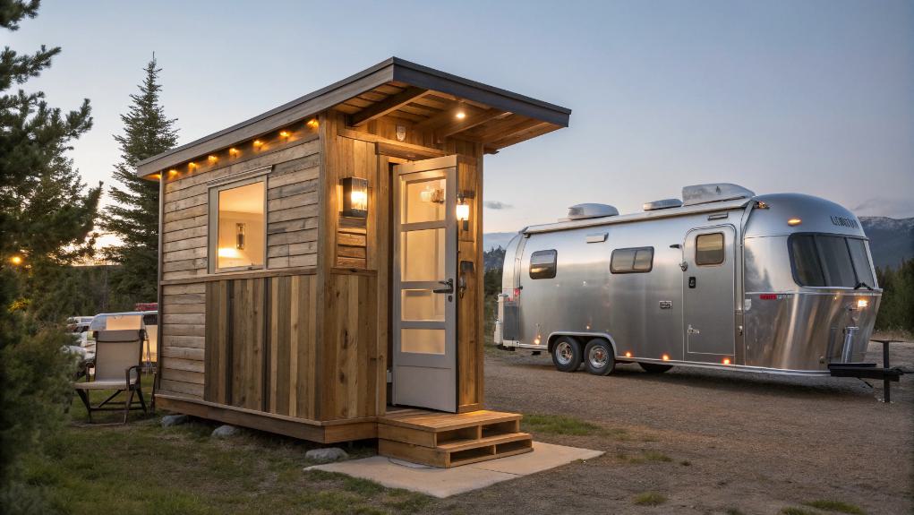 Image: a wooden tiny house with a lit interior stands beside a silver airstream trailer in a rural setting at dusk, offering the perfect retreat enhanced by luxury restroom trailers for a touch of comfort in the great outdoors.