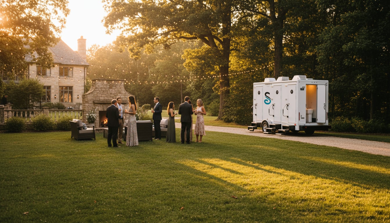 Elegant country estate evening event with string lights and a luxury restroom trailer visible near the tree line
