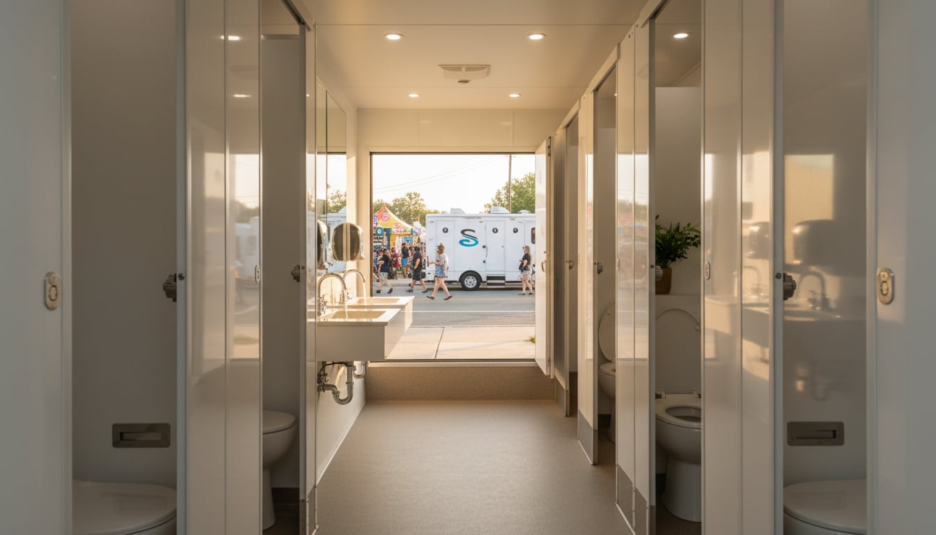 Interior view of a clean restroom trailer with flushing toilets and running water sinks set up for a street festival