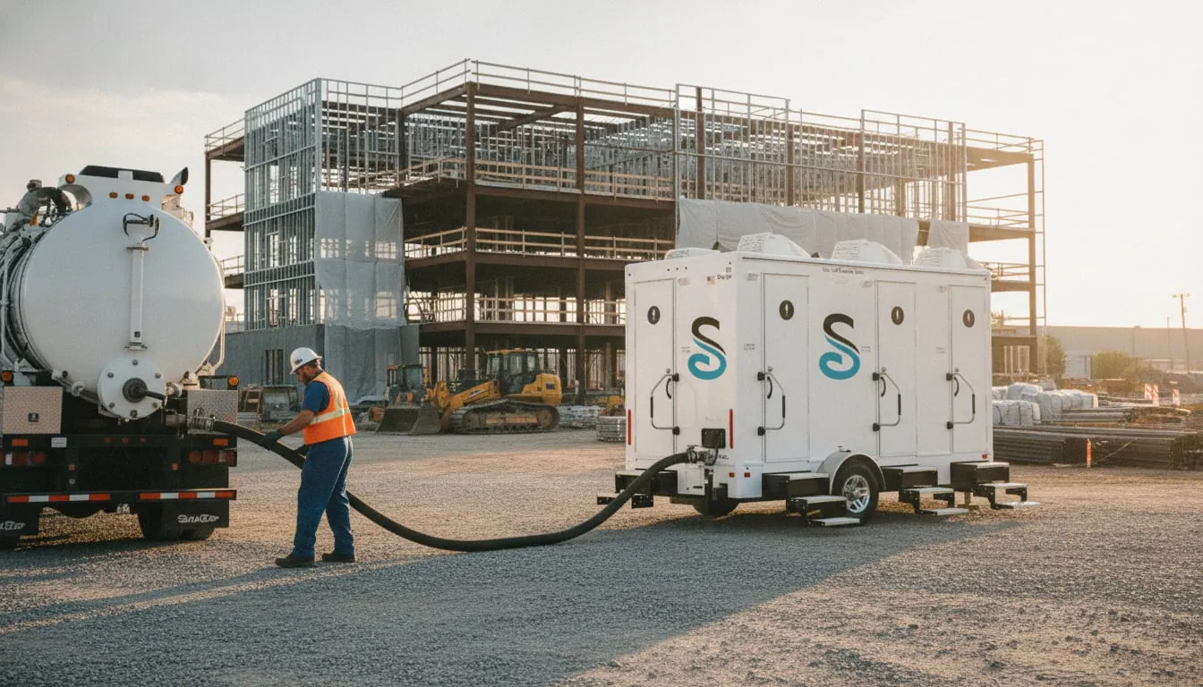 Technician running a pump-out on a restroom trailer at a commercial jobsite