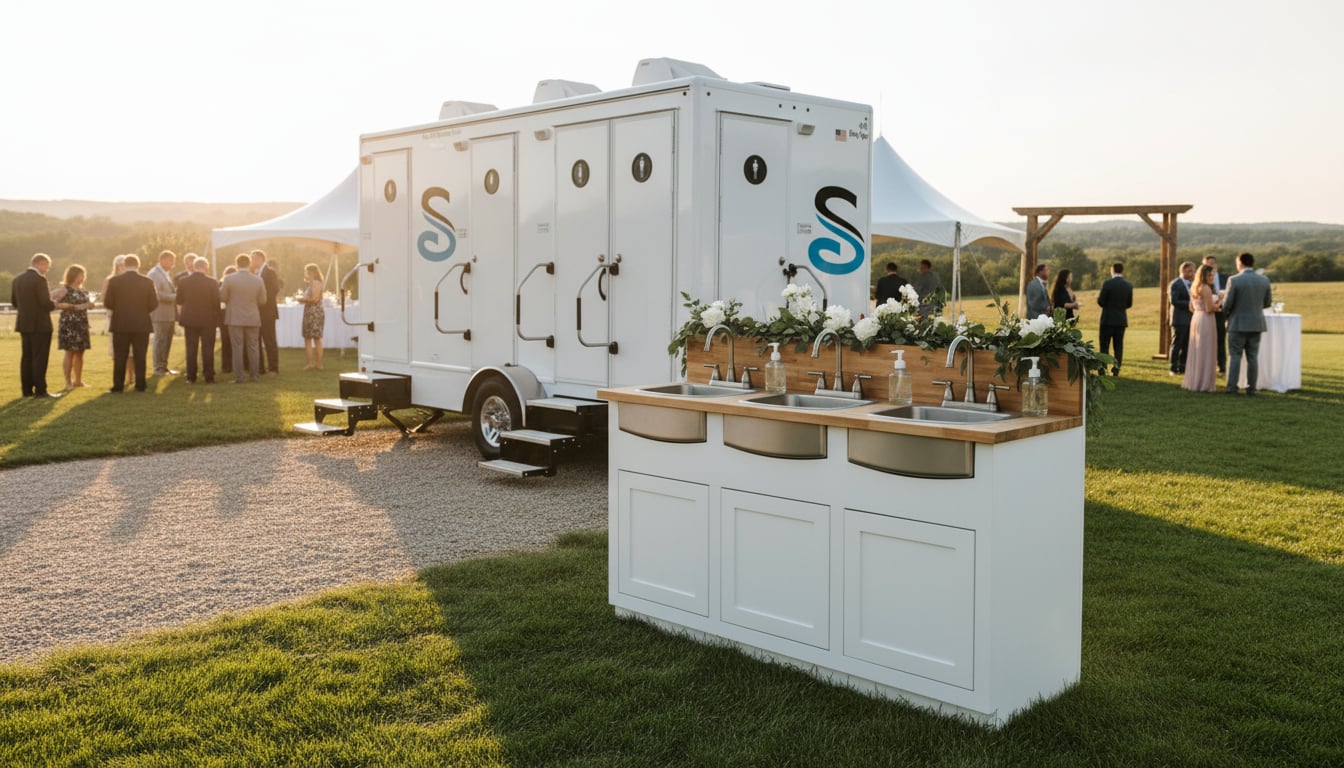 Elegant hand wash trailer station with multiple sinks set up beside a Stahla restroom trailer at an outdoor wedding venue