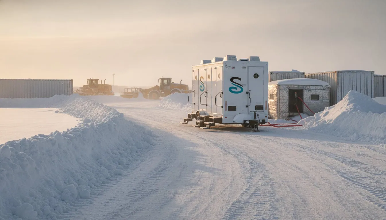 Shower trailer with heated water lines on a winter industrial site, snowbanks along the access road