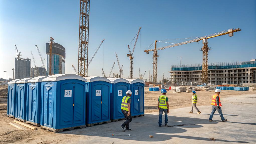 The Commercial Construction Site Buzzes With Activity, Cranes Towering Above Workers Clad In Safety Gear. Portable Restrooms Dot The Landscape, All Under A Clear Sky, Marking Progress In Urban Development.