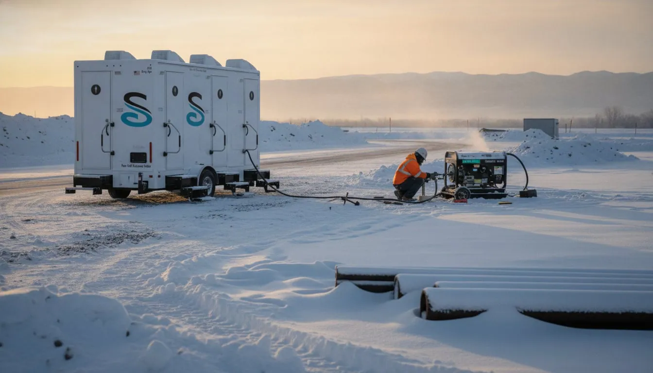 Restroom trailer on a snow-covered construction site at dawn, frost on the steps, power cord running to a generator