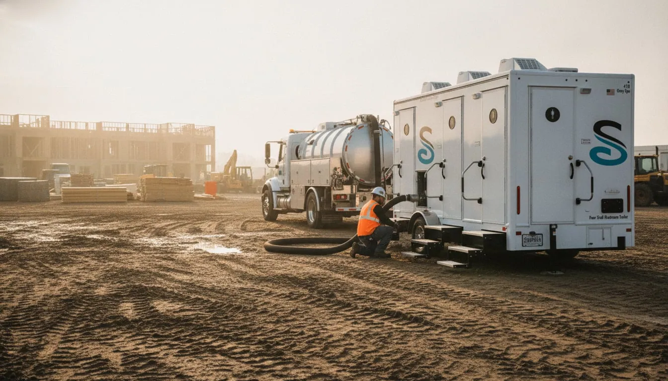 Technician running a waste pump-out on a restroom trailer at a muddy construction site