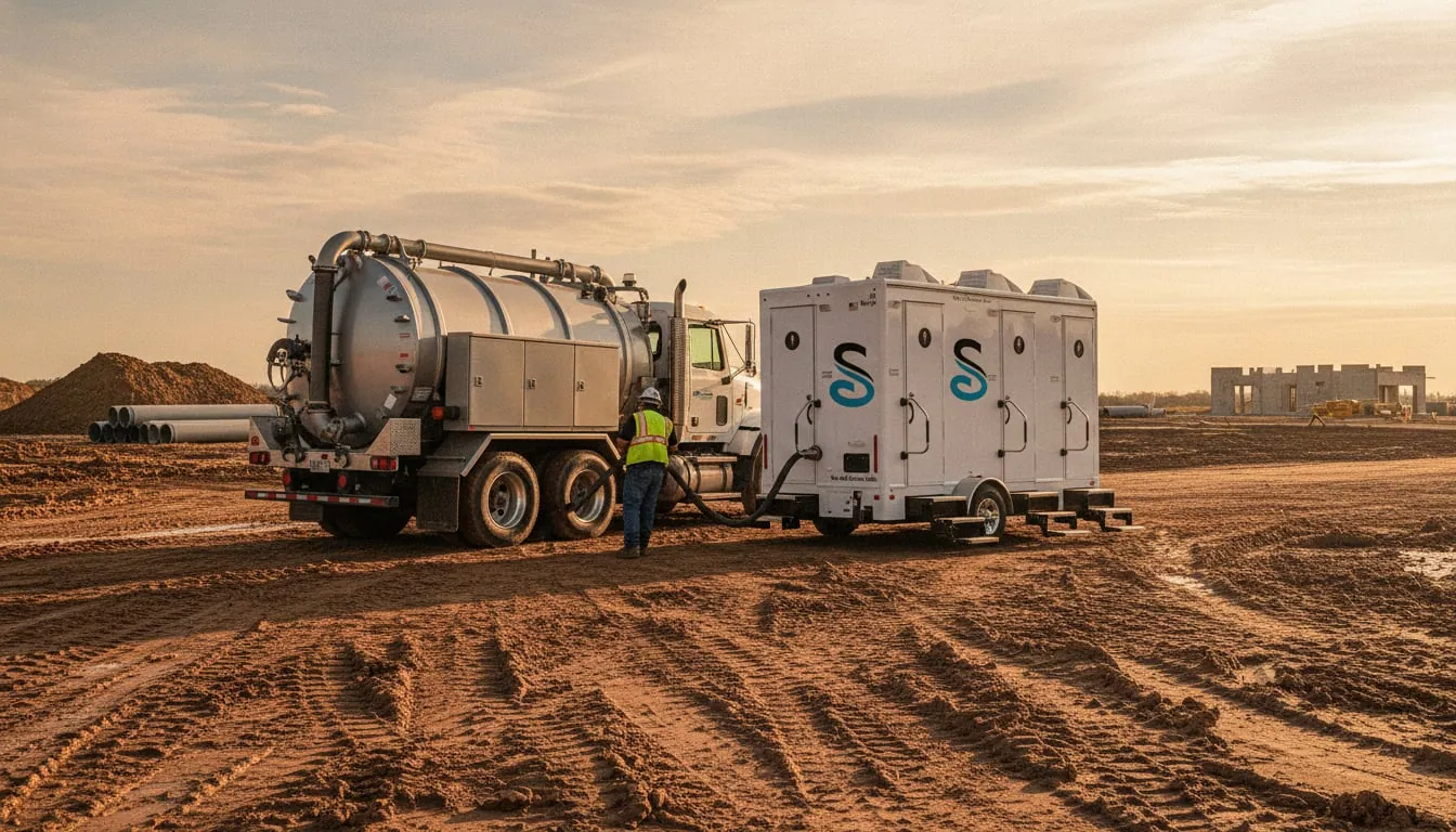 Pump truck servicing a restroom trailer on a muddy access road